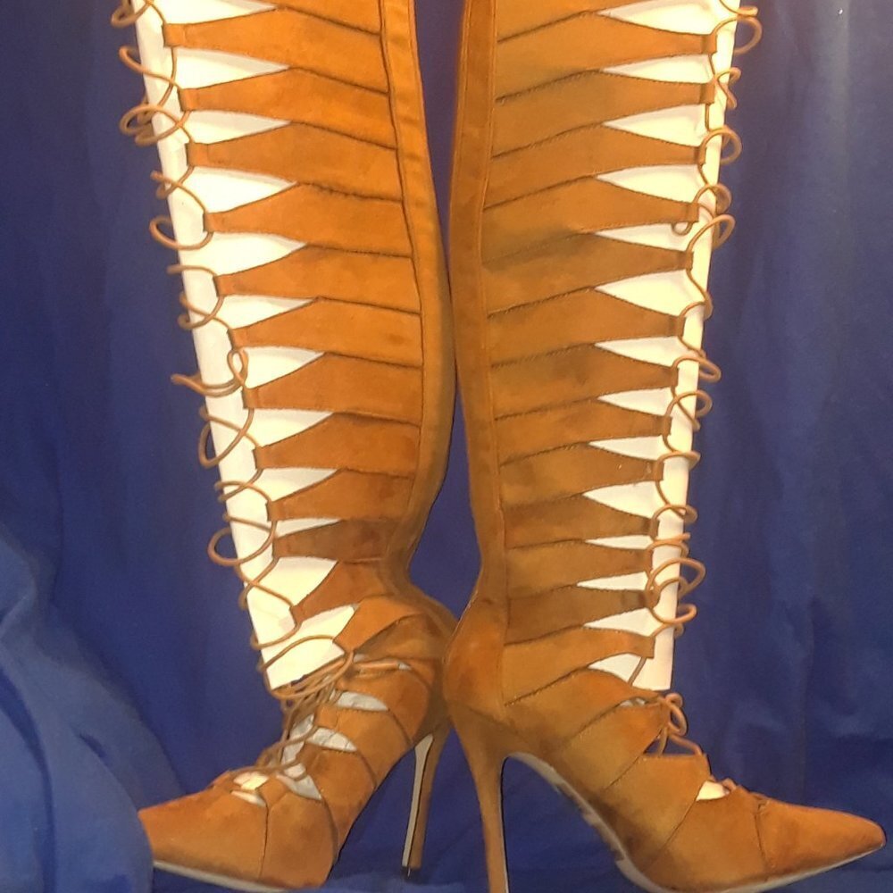 Tan Suede Lace Up Thigh High Boots Faux Suede - Picture 6 of 7